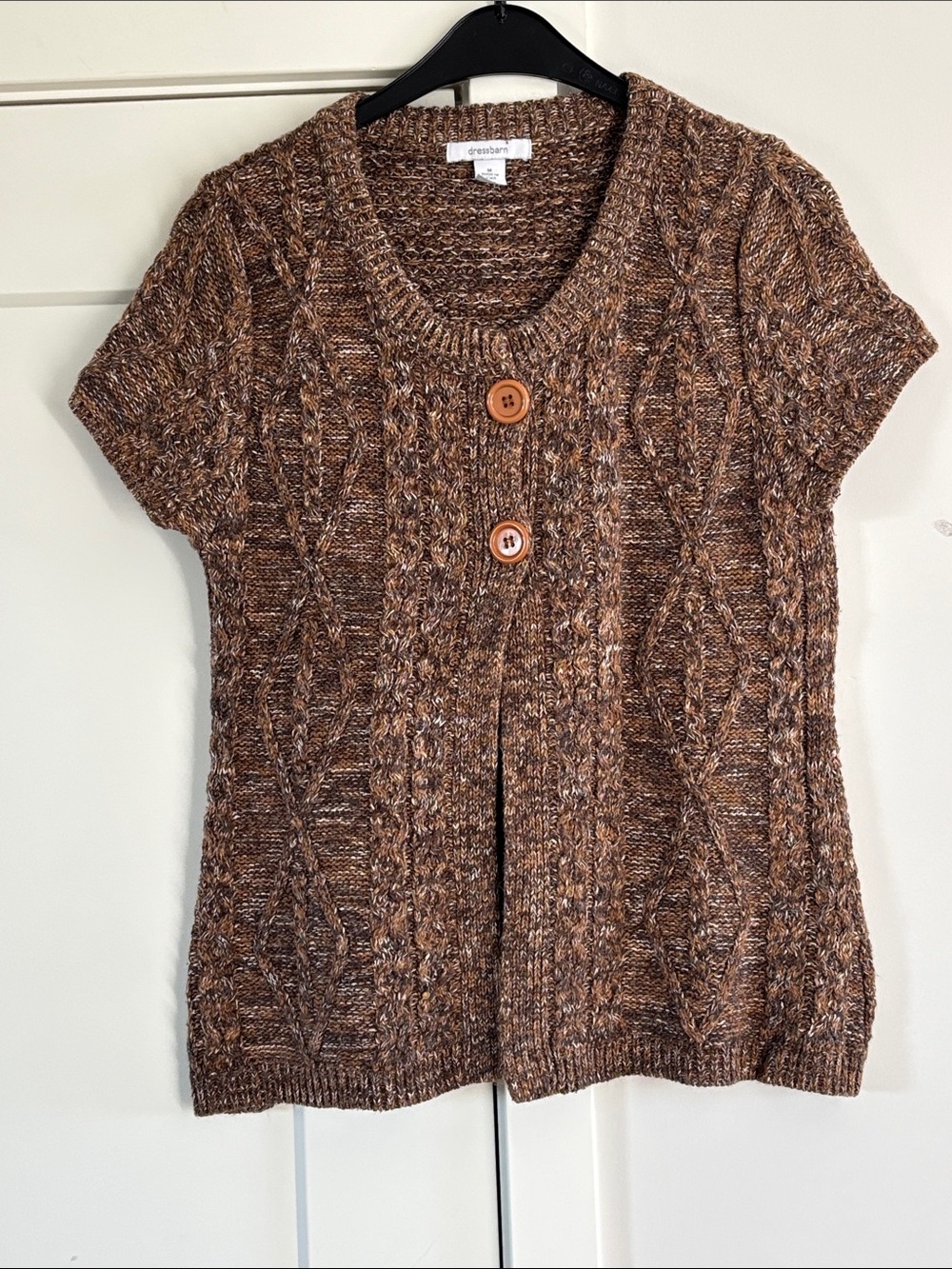 dressbarn Brown Marled Cable Knit Short-Sleeve Cardigan